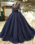 Elegant 2019 Quinceanera Dresses Full Sleeve Lace Beaded Navy Blue Tulle Puffy Ruffles Sweet 16 Dress Ball Gown
